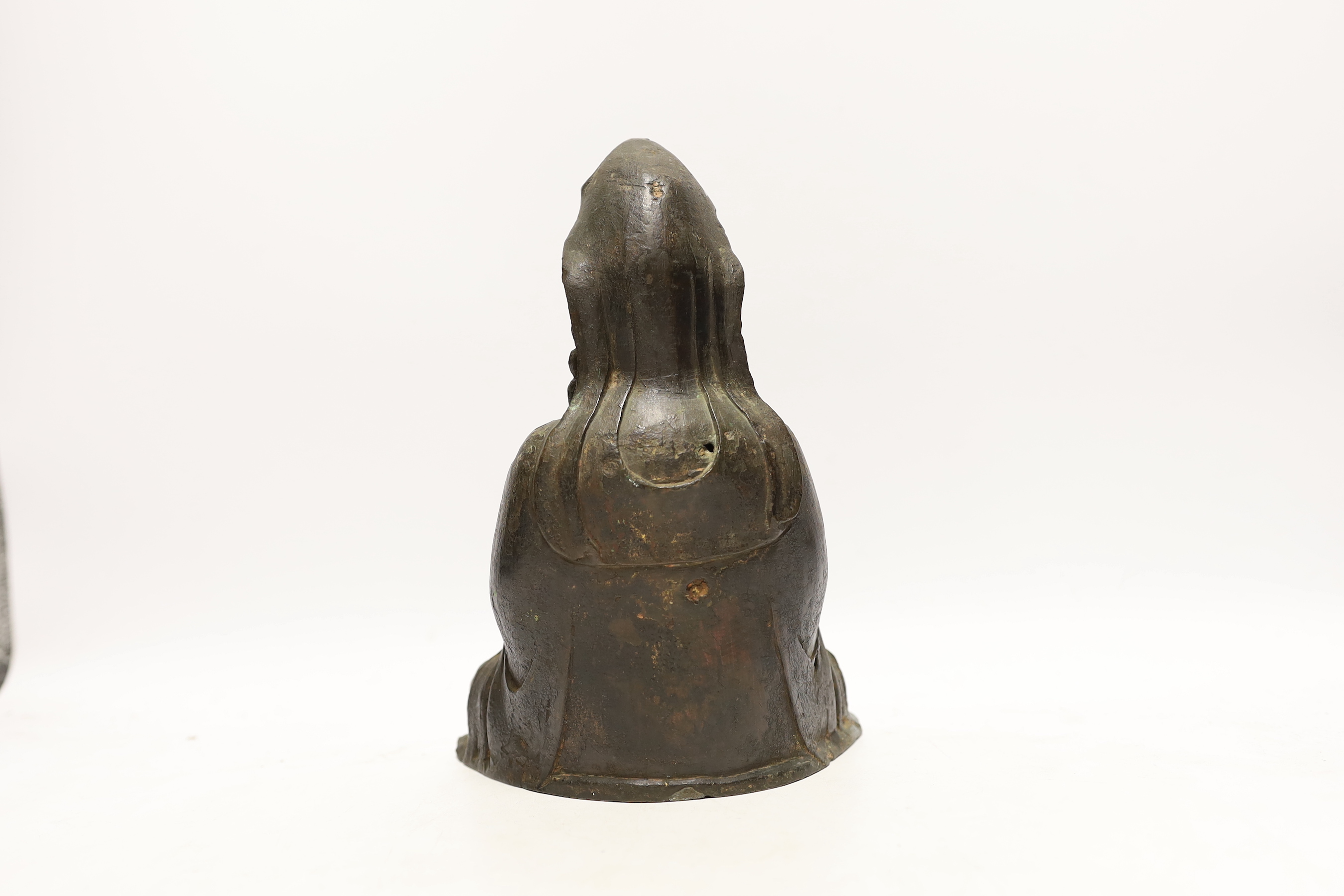 A Chinese Ming gilt bronze figure of Xi Wangmu, Queen Mother of the West, late 16th / early 17th century, Provenance: bought from the 50th Chelsea Antiques Fair, R & D Coombes, 1980, 24cm high